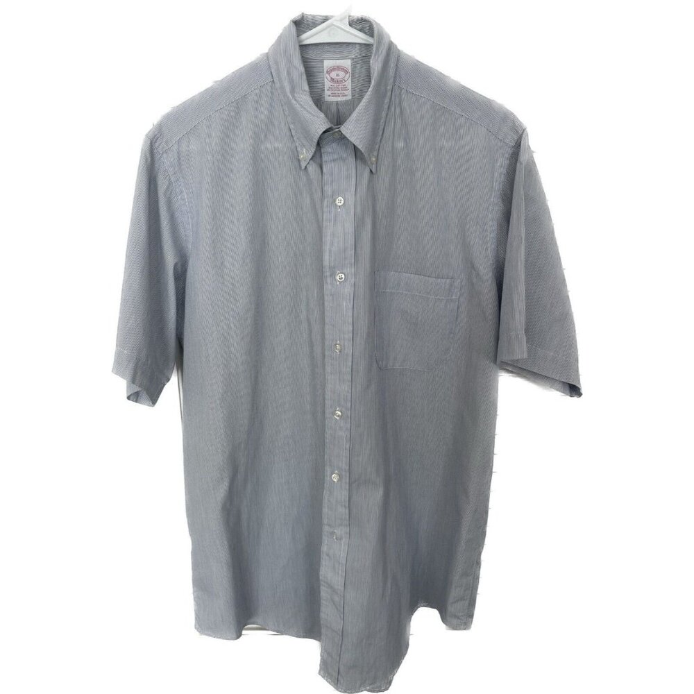 Brooks Brothers Short Sleeve Blue Striped Button Up 16” Large Cotton Made In USA